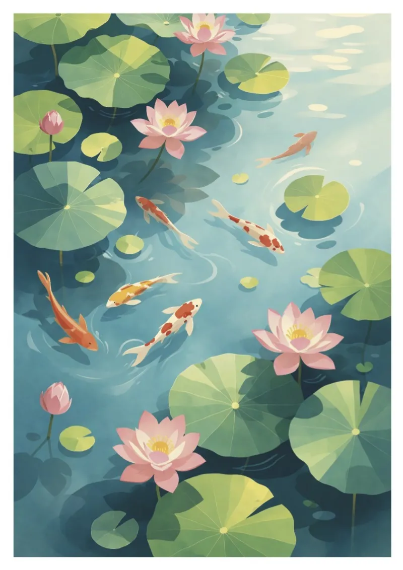 Affiche vintage Chine - Lotus et Carpes Koï