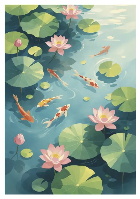 Affiche vintage Chine - Lotus et Carpes Koï