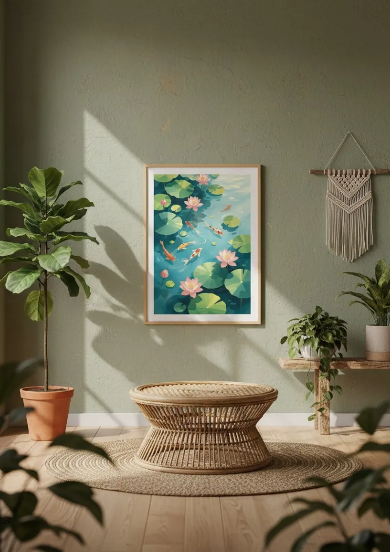 Affiche vintage Chine - Lotus et Carpes Koï (2)
