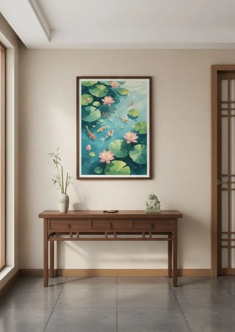 Affiche vintage Chine - Lotus et Carpes Koï (3)
