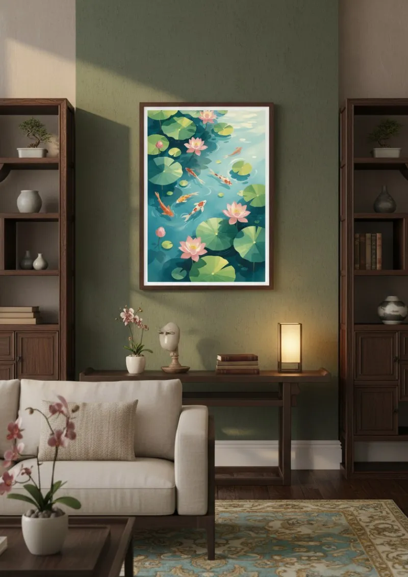 Affiche vintage Chine - Lotus et Carpes Koï (4)