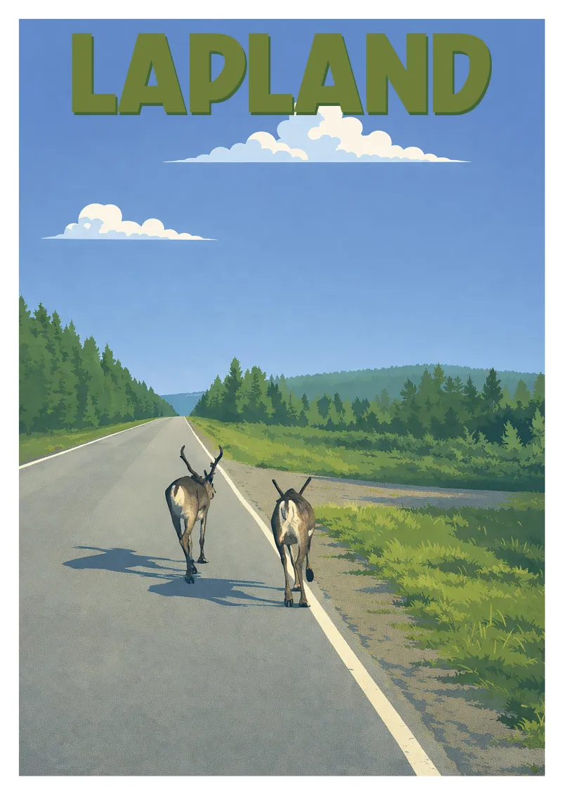 Lapland Poster - Reindeer on the Road