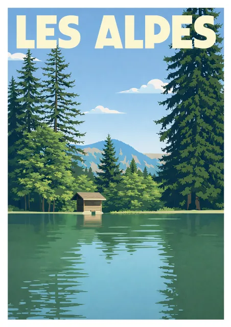 Affiche Les Alpes - Lac et Chalet