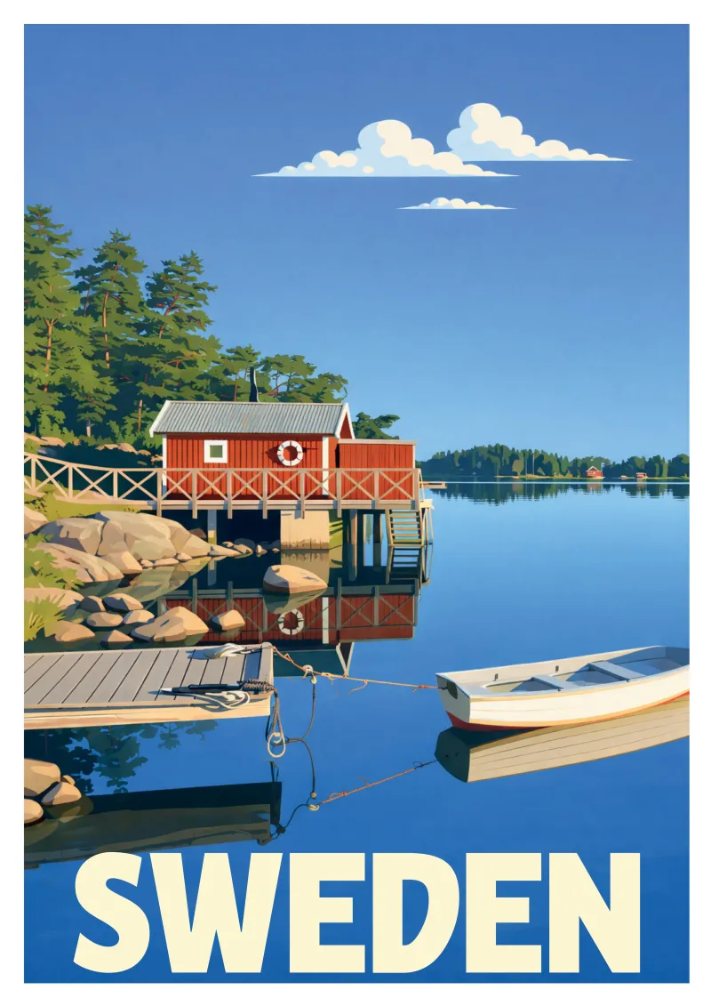 Affiche Suède - Lac et Chalet Rouge