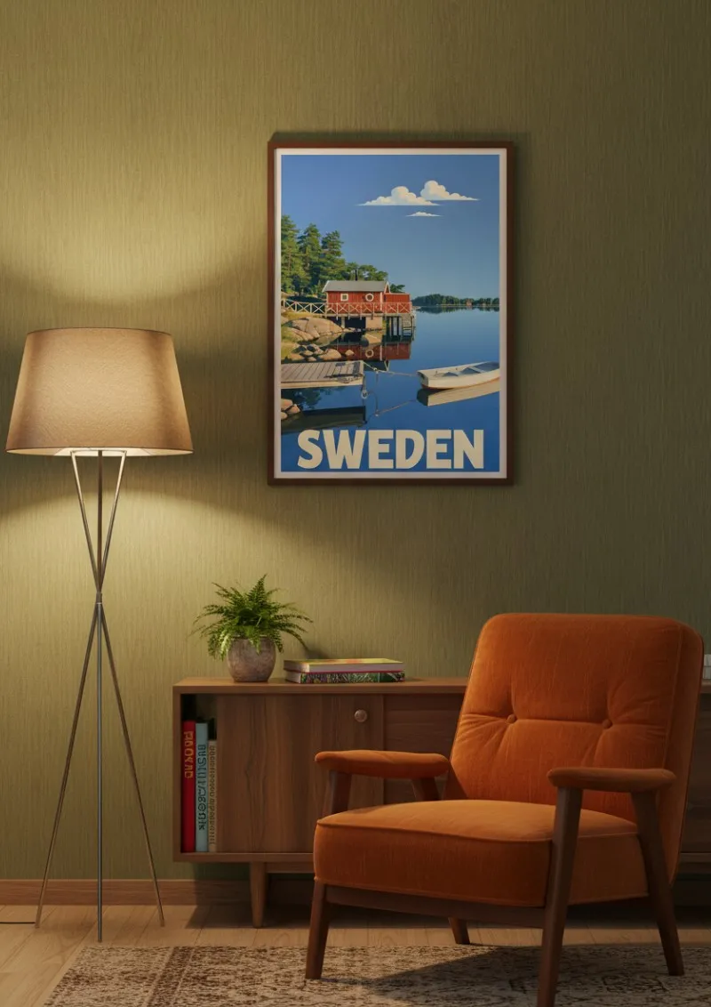 Affiche Suède - Lac et Chalet Rouge (3)