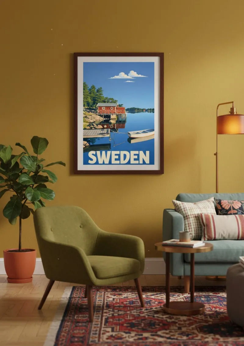 Affiche Suède - Lac et Chalet Rouge (4)