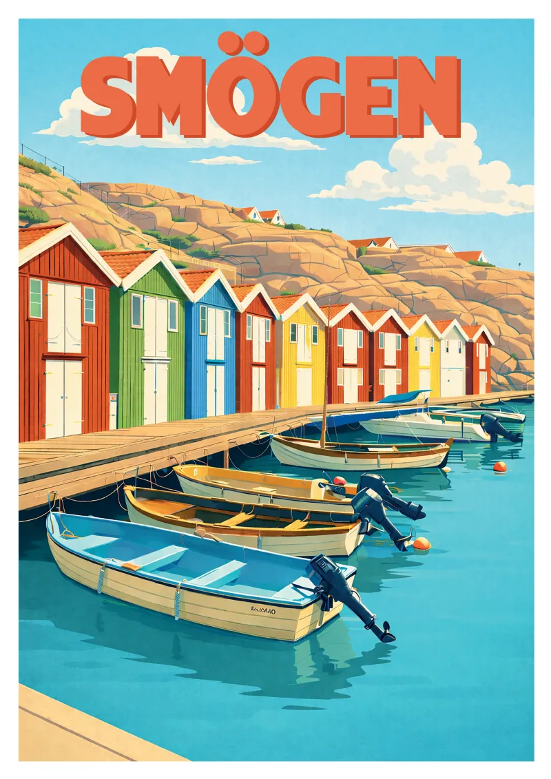 Affiche Smögen - Cabanes colorées sur la côte suédoise