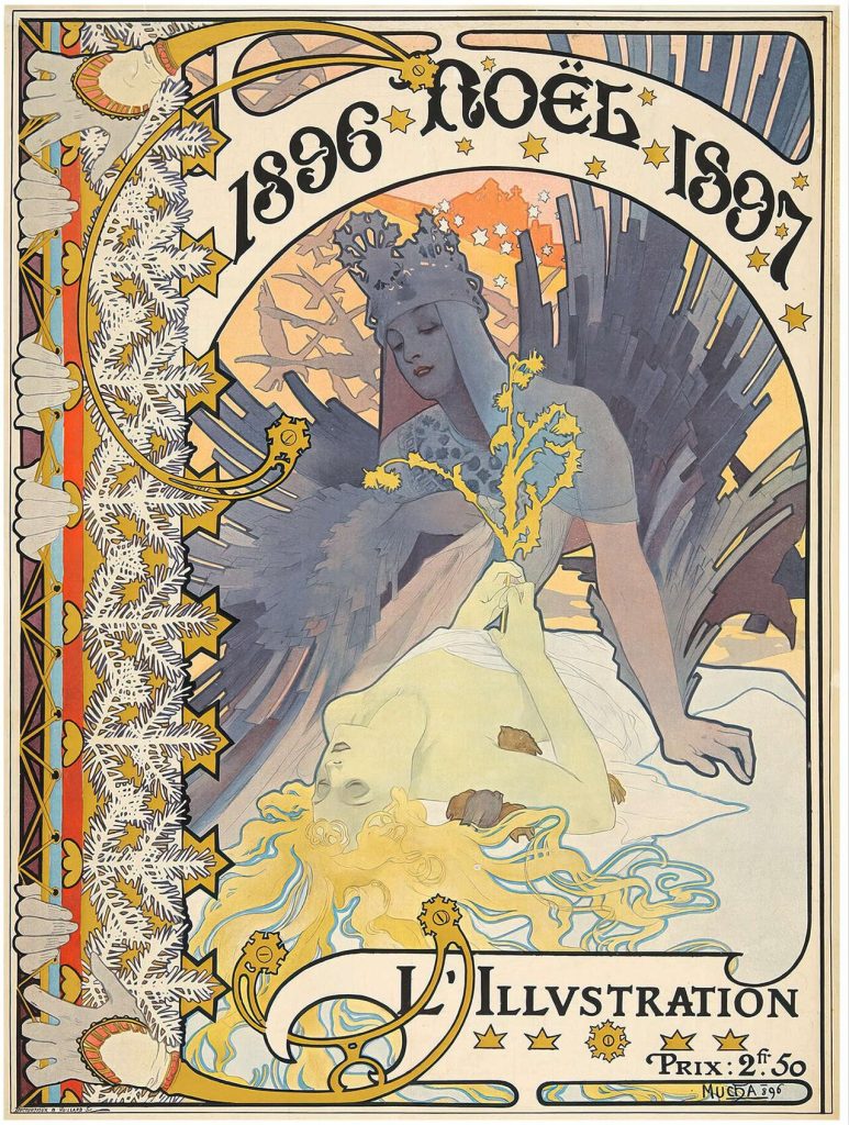 Couverture de L'Illustration pour Noël 1896-1897 par Alfons Mucha : une figure couronnée veille sur une jeune femme endormie, avec une bordure de branches de sapin
