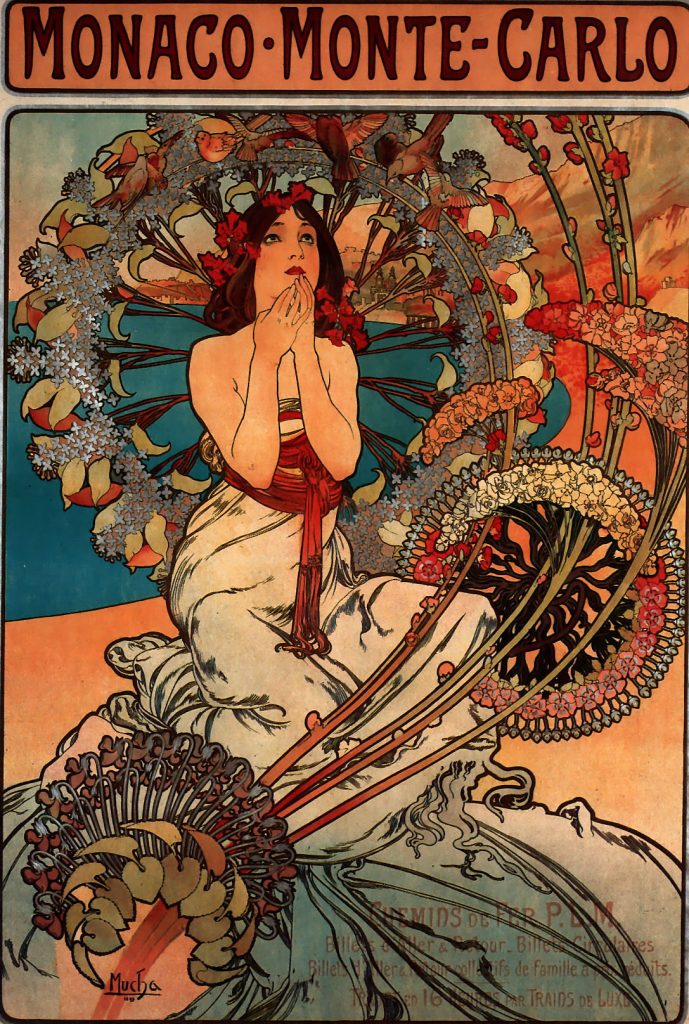 Affiche Monaco Monte-Carlo d'Alphonse Mucha pour la PLM : une jeune femme agenouillée, les mains jointes, entourée de grandes roues de fleurs, devant la mer