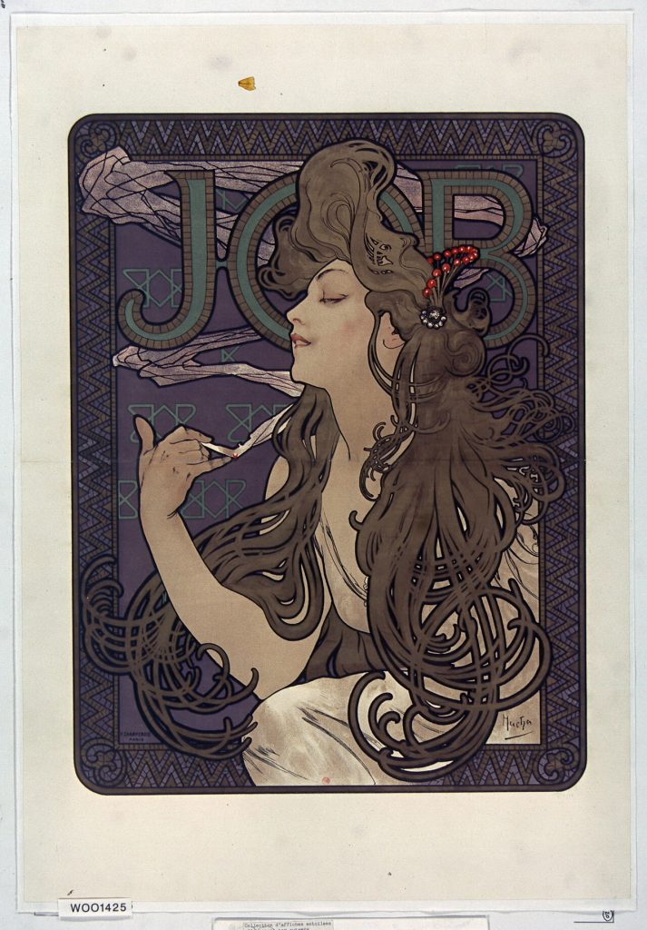 Affiche Job d'Alphonse Mucha : une jeune femme de profil aux longs cheveux en volutes tient une cigarette, devant les lettres JOB sur un fond violet