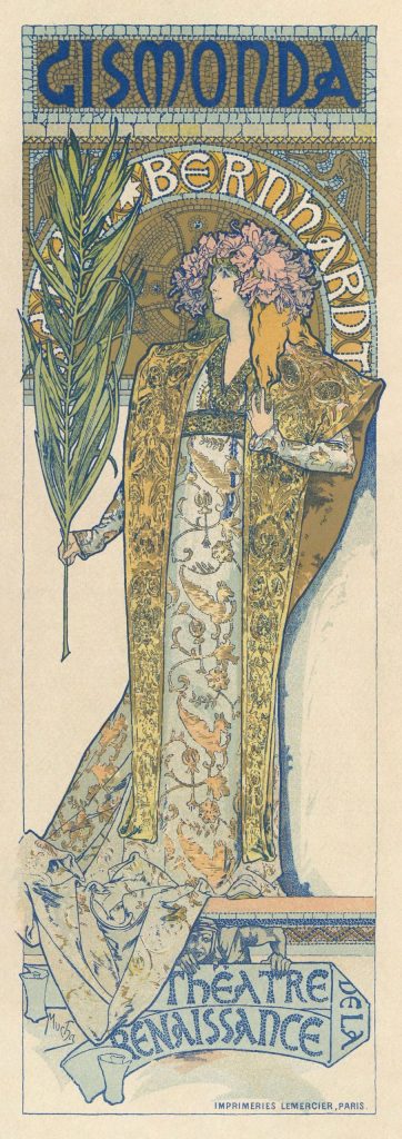 Affiche Gismonda d'Alphonse Mucha : Sarah Bernhardt en pied, couronnée de fleurs, dans une robe byzantine brodée d'or, une palme à la main, sous un arc de mosaïque