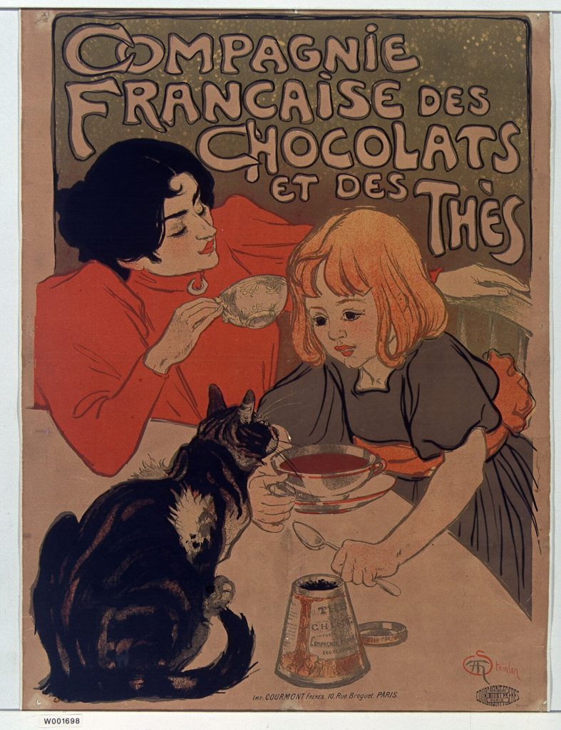 Affiche Compagnie française des chocolats et des thés de Steinlen : une femme boit une tasse de thé, une fillette tient une tasse de chocolat, un chat tigré assis lorgne la tasse