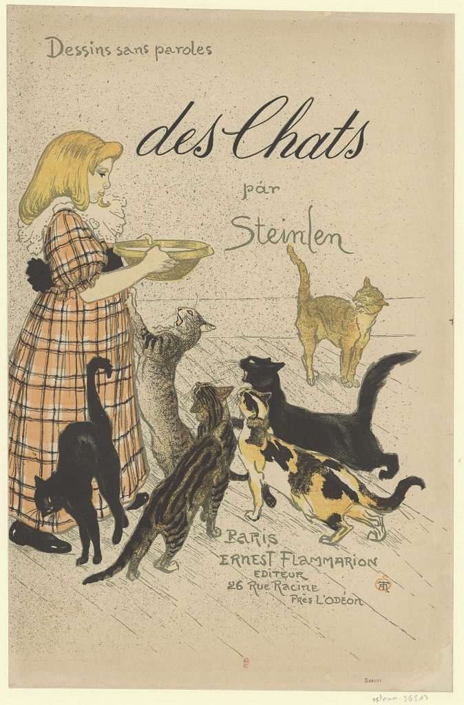 Couverture de l'album Des chats de Steinlen : une fillette en robe à carreaux porte un bol, six chats se pressent autour d'elle