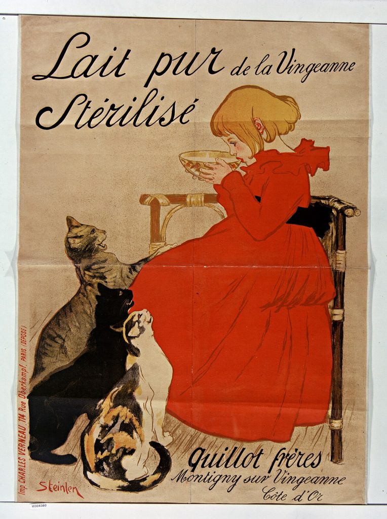 Affiche Lait pur stérilisé de la Vingeanne de Steinlen : une fillette en robe rouge assise boit un bol de lait, des chats réclament à ses pieds