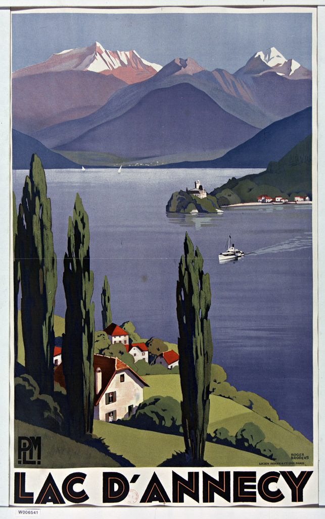 Affiche PLM de Roger Broders pour le lac d'Annecy, avec des cyprès, un bateau à vapeur et des sommets enneigés