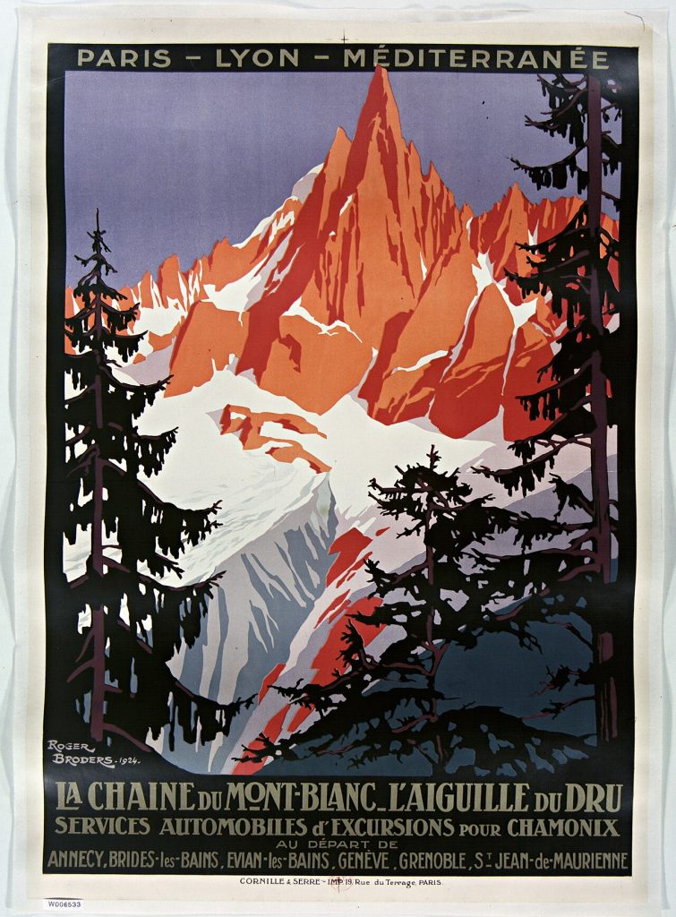 Affiche PLM de Roger Broders montrant l'aiguille du Dru rougie par le soleil, encadrée de sapins sombres
