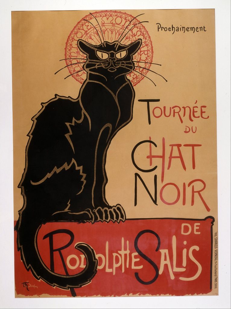 Affiche Tournée du Chat Noir de Steinlen : un grand chat noir assis de profil, la tête tournée vers nous, auréolé d'un cercle rouge orné, au-dessus d'un bandeau rouge portant le nom de Rodolphe Salis