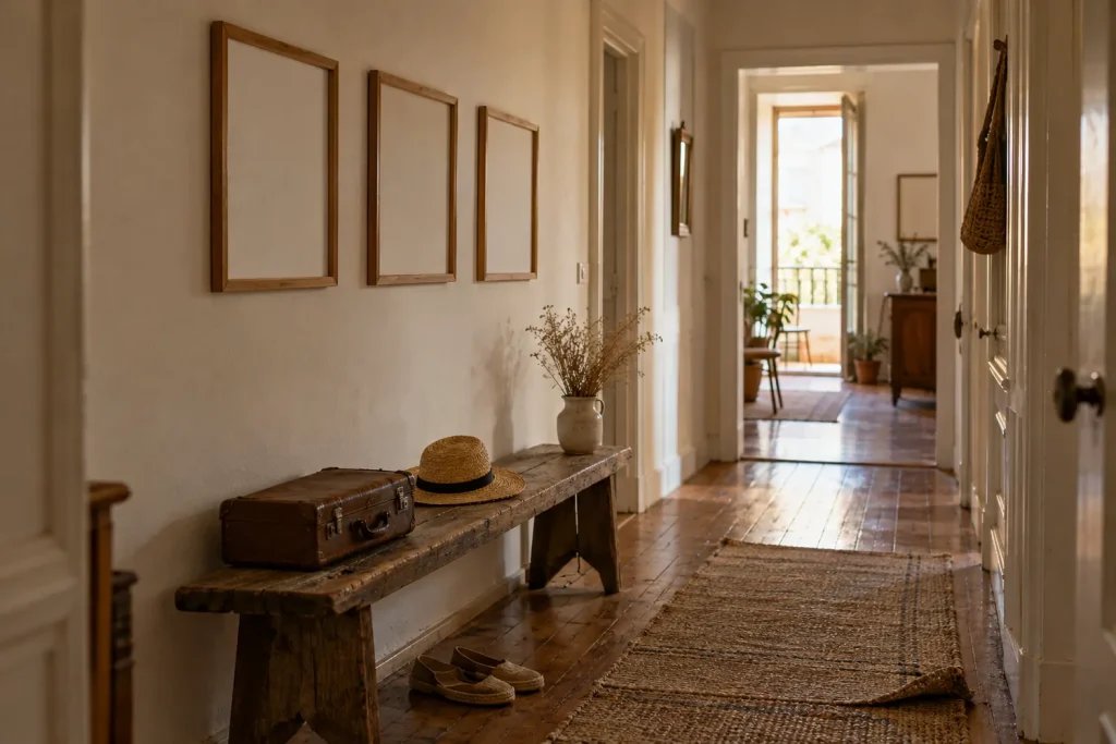 Couloir avec trois cadres en bois alignés, un banc, une valise ancienne et un chapeau de paille