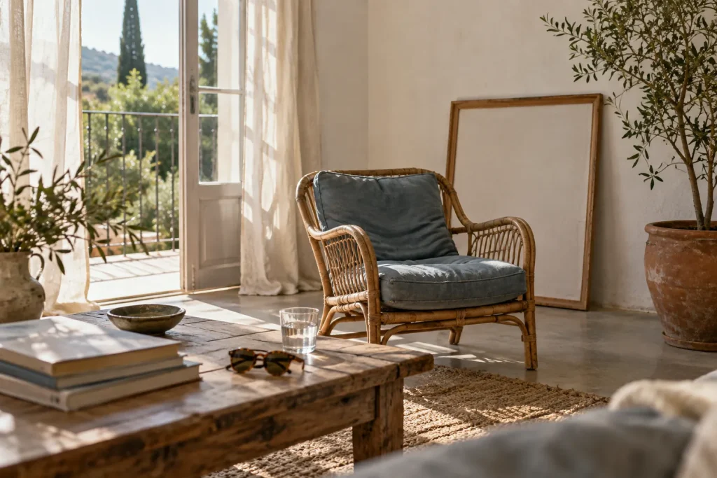 Salon lumineux avec un fauteuil en rotin, une table basse avec des livres d'art et un cadre posé au sol contre le mur