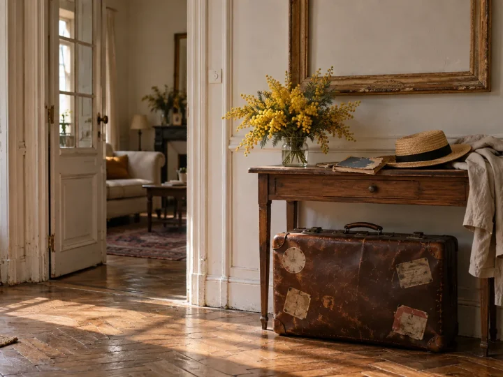 Apartment entrance with an old leather suitcase, a straw hat and an empty frame above a console table