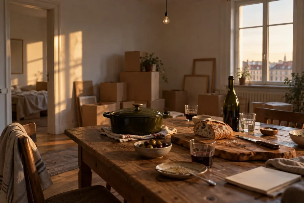 Table de cuisine d'un nouvel appartement avec une cocotte, une planche à découper en bois et des verres, cartons au fond