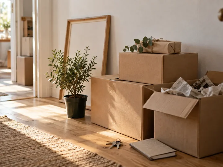 Hallway of a flat on moving day with boxes, a wrapped gift and a frame leaning against the wall