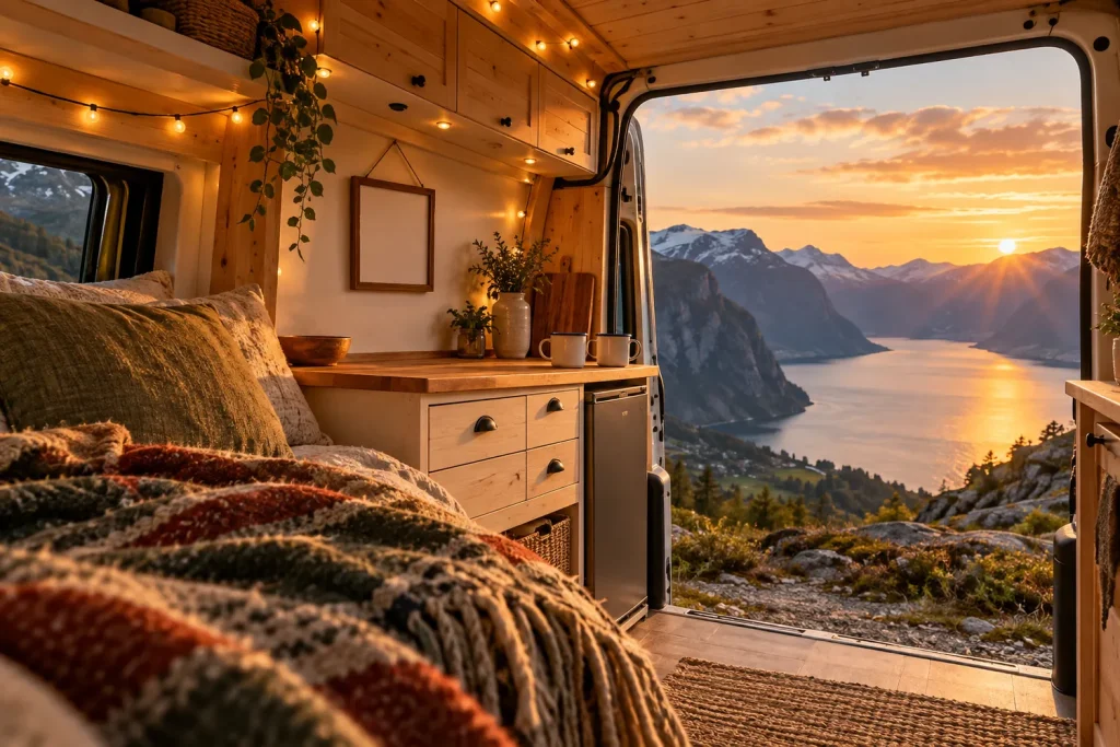 Intérieur de van aménagé chaleureux avec un petit cadre au mur et vue sur un fjord