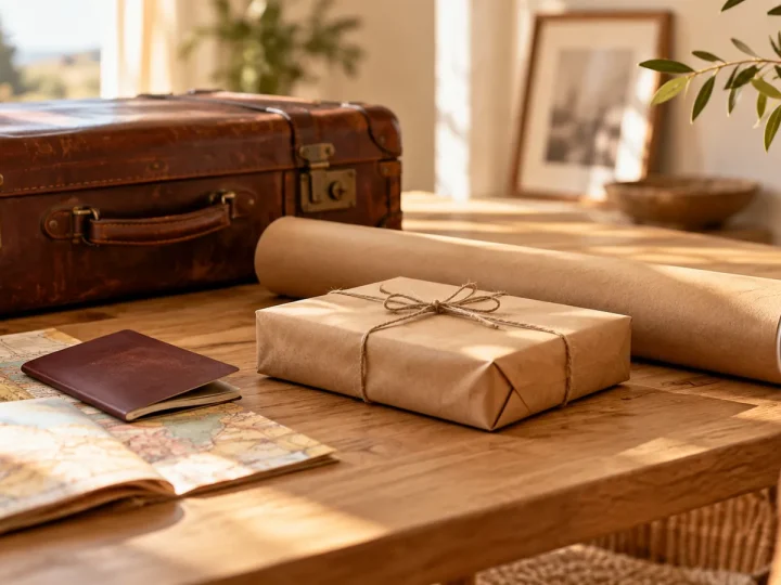 Cadeau emballé en papier kraft, tube d'affiche et valise ancienne sur une table en bois