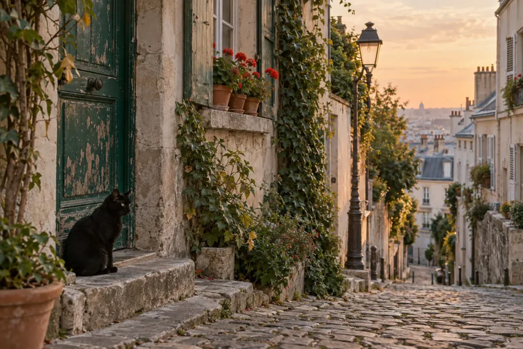 Ruelle pavée de Montmartre en fin de journée avec un chat noir assis sur une marche devant une porte en bois