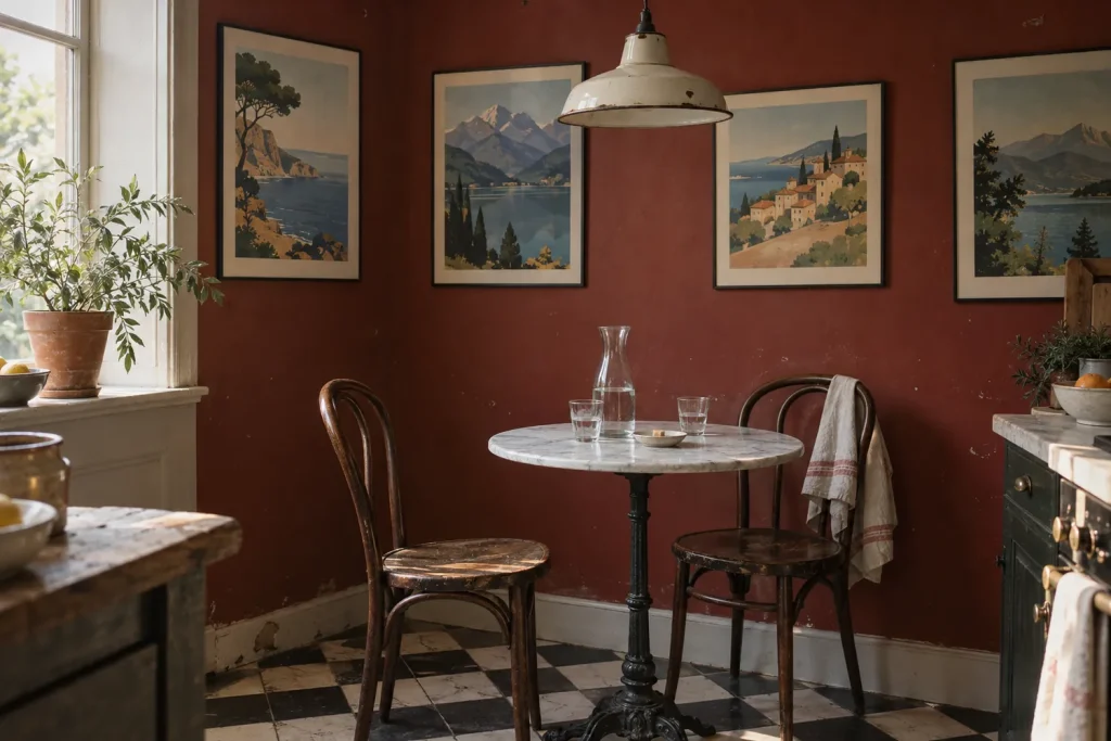 Coin bistrot dans une cuisine avec un carrelage noir et blanc, deux chaises en bois courbé et un cadre à fin liseré noir sur un mur rouge brique