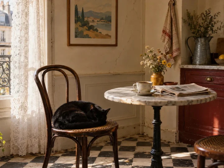 Corner of an old Parisian kitchen with a black cat asleep on a wooden chair, a bistro table and a frame on the wall