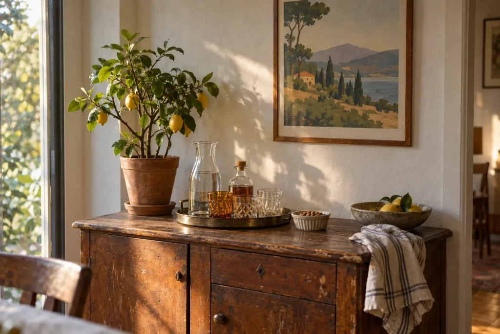 Vieux buffet en bois servant de bar avec un plateau, des verres de bistrot, une carafe d'eau et un cadre posé au-dessus