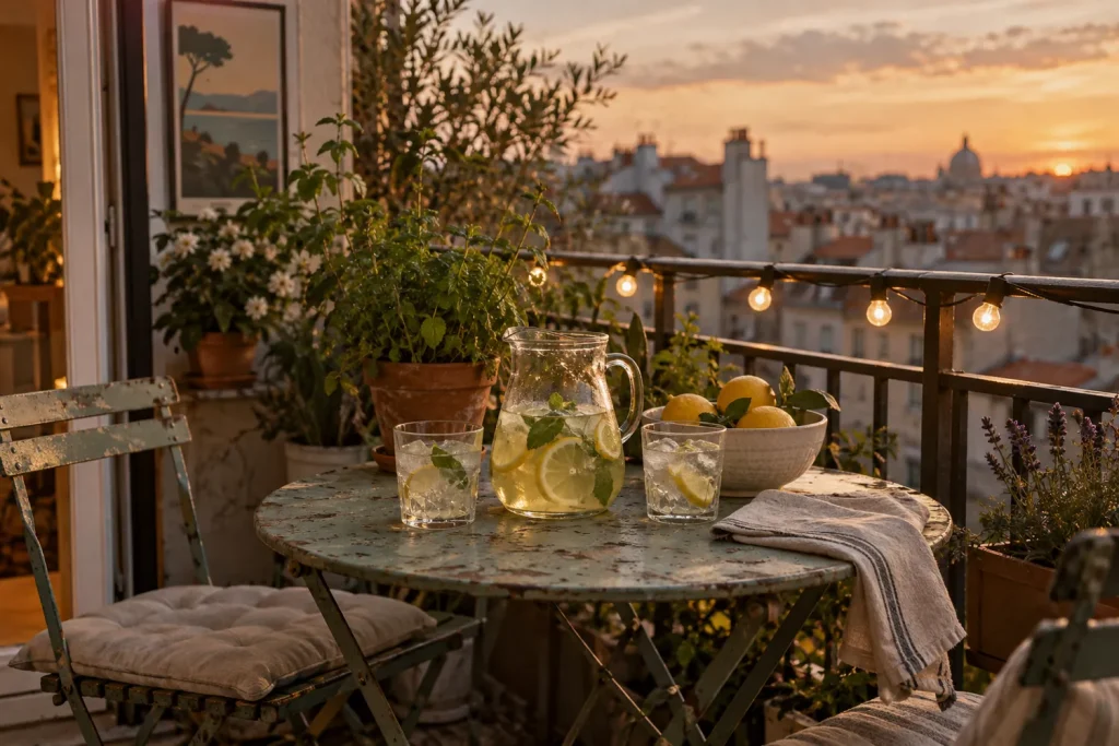 Petit balcon en fin de journée avec une table pliante, une carafe de limonade, des citrons et une guirlande lumineuse