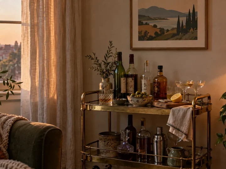 Aperitif corner in a living room at the end of the day with a bar cart, bottles, glasses and a frame on the wall