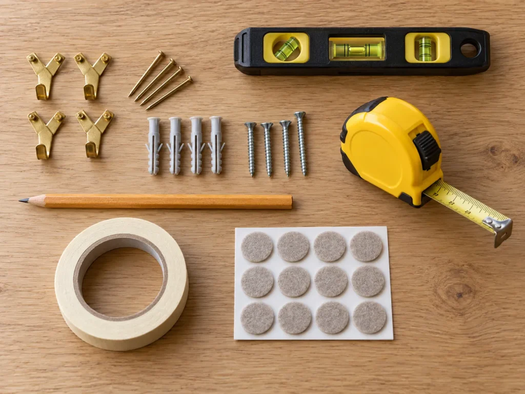 Matériel pour accrocher un cadre : crochets, chevilles, vis, niveau à bulle et mètre ruban sur une table en bois