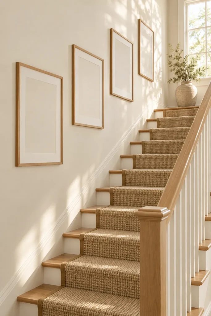 Escalier avec une série de cadres alignés en suivant la pente