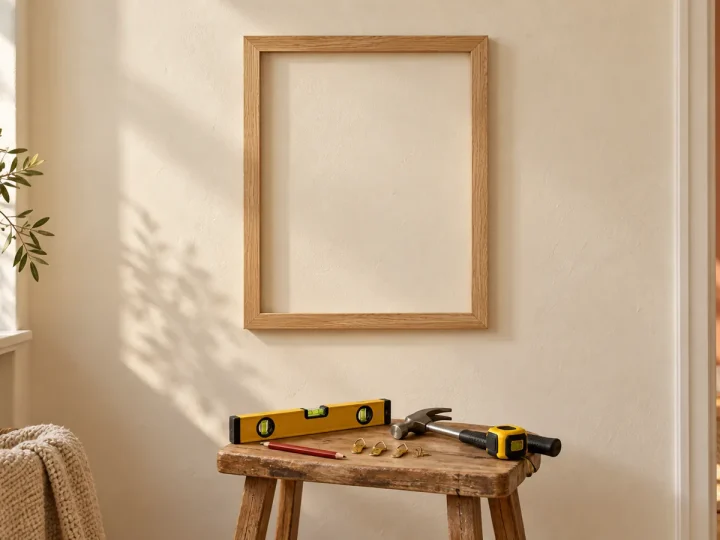 Cadre accroché sur un mur crème avec un niveau à bulle, un marteau et des crochets posés sur un tabouret en bois