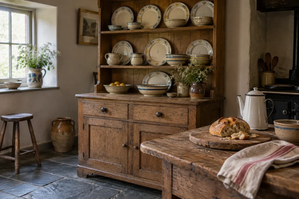 Vaisselier en chêne avec des assiettes en faïence peinte, une cafetière émaillée et une miche de pain sur la table
