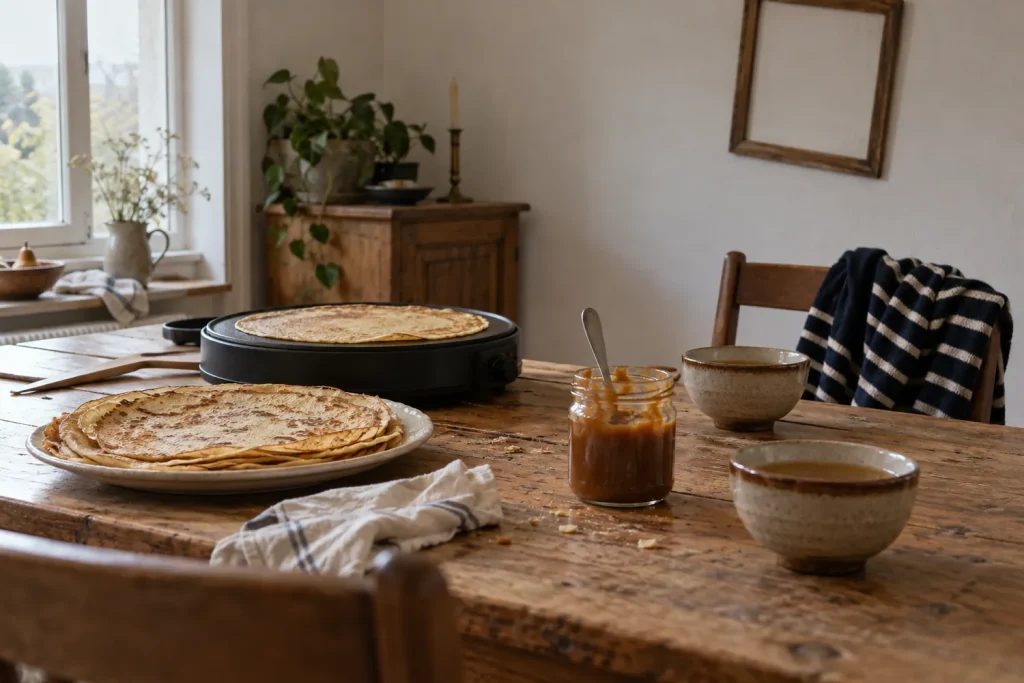 Table en bois avec une crêpière, un pot de caramel, des bolées en grès et une marinière posée sur une chaise