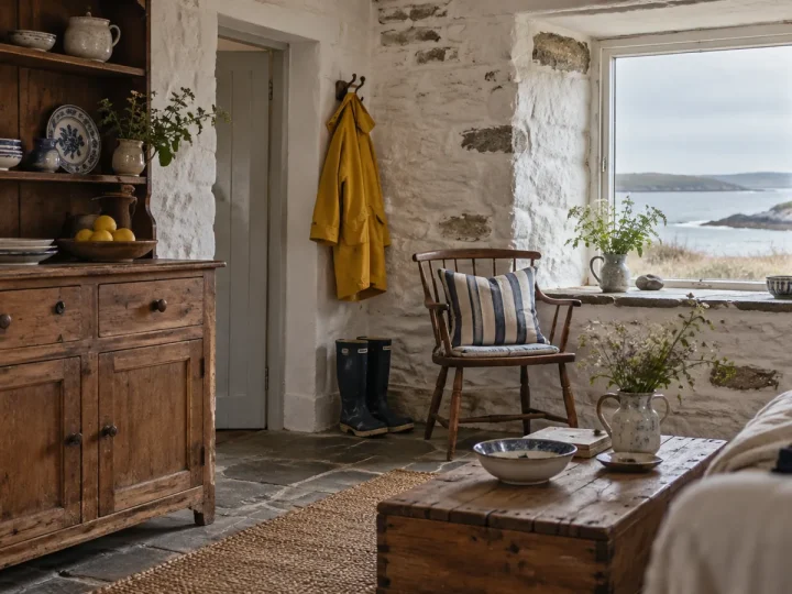 Living room of a stone house with an old oak dresser, earthenware bowls and a yellow raincoat on a hook