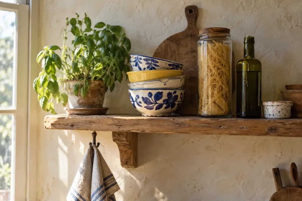 Étagère ouverte en bois avec des bols en céramique peinte dépareillés, un bocal de pâtes et une huile d'olive