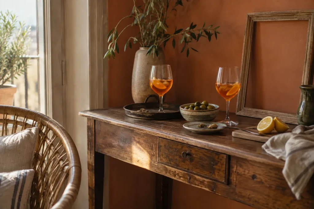 Coin apéritif sur une console en bois avec deux verres à pied, un bol d'olives et un cadre posé contre le mur