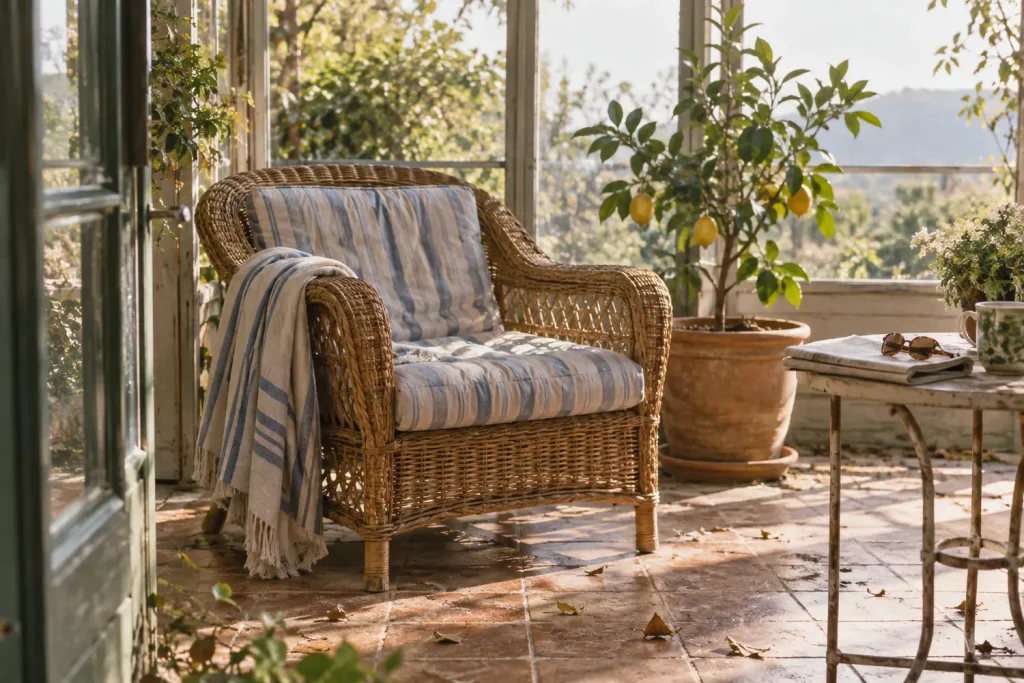 Véranda avec un fauteuil en rotin, un coussin à rayures bleues et blanches et un citronnier en pot