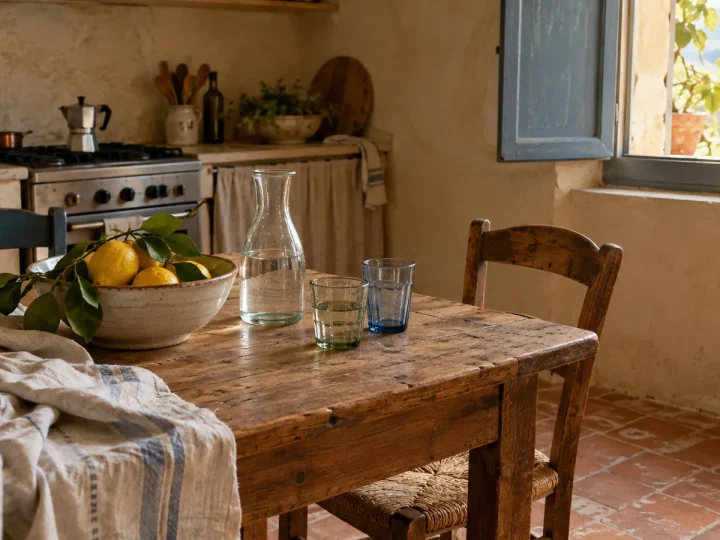 Kitchen with sand-coloured limewashed walls, a wooden table, a bowl of lemons and a carafe of water