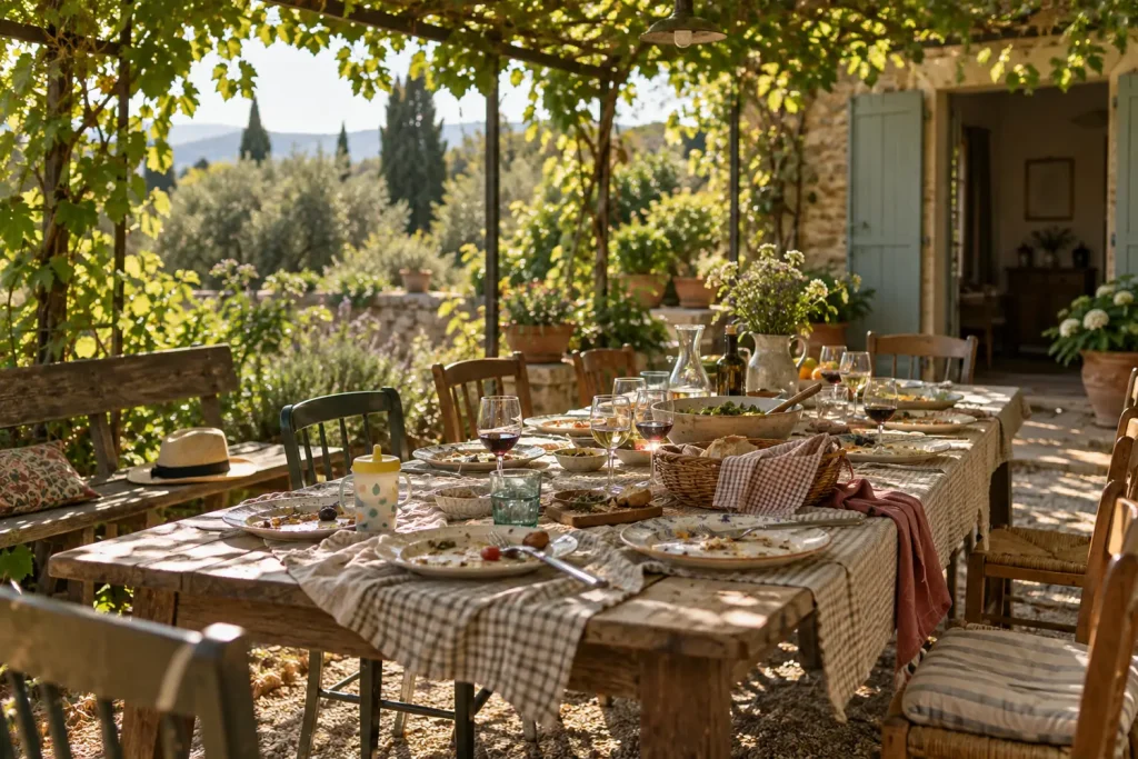 Longue table en bois sous une treille après un repas de famille, avec des verres, des assiettes dépareillées et une nappe à carreaux