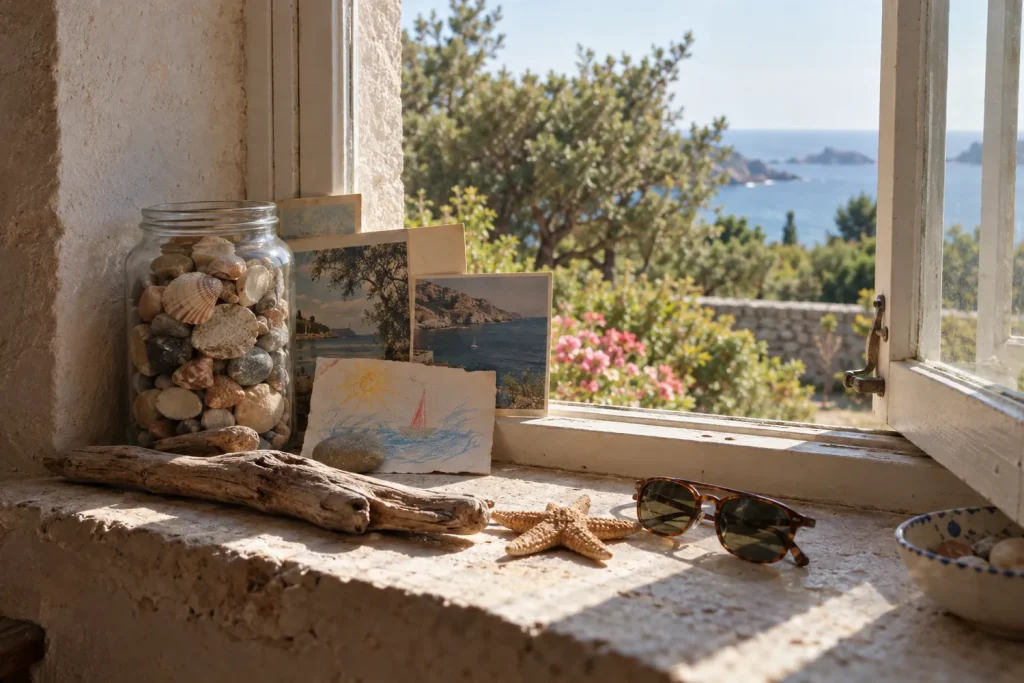 Rebord de fenêtre d'une maison de vacances avec des galets, des coquillages, un bocal et des cartes postales anciennes