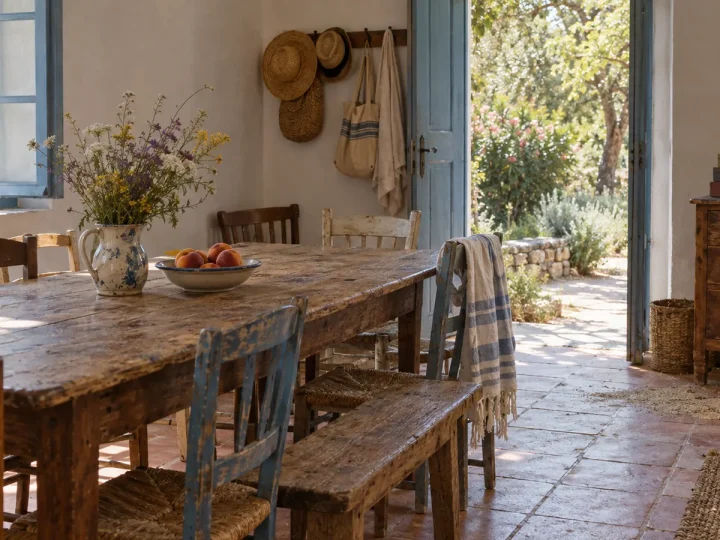 Salle commune d'une vieille maison de vacances avec une grande table en bois, des chaises dépareillées et des chapeaux de paille accrochés