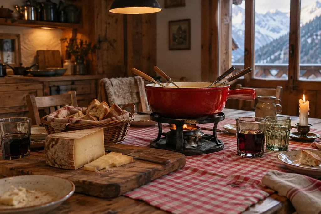 Table en bois avec un caquelon à fondue, une planche de fromages, du pain et une nappe à carreaux rouges