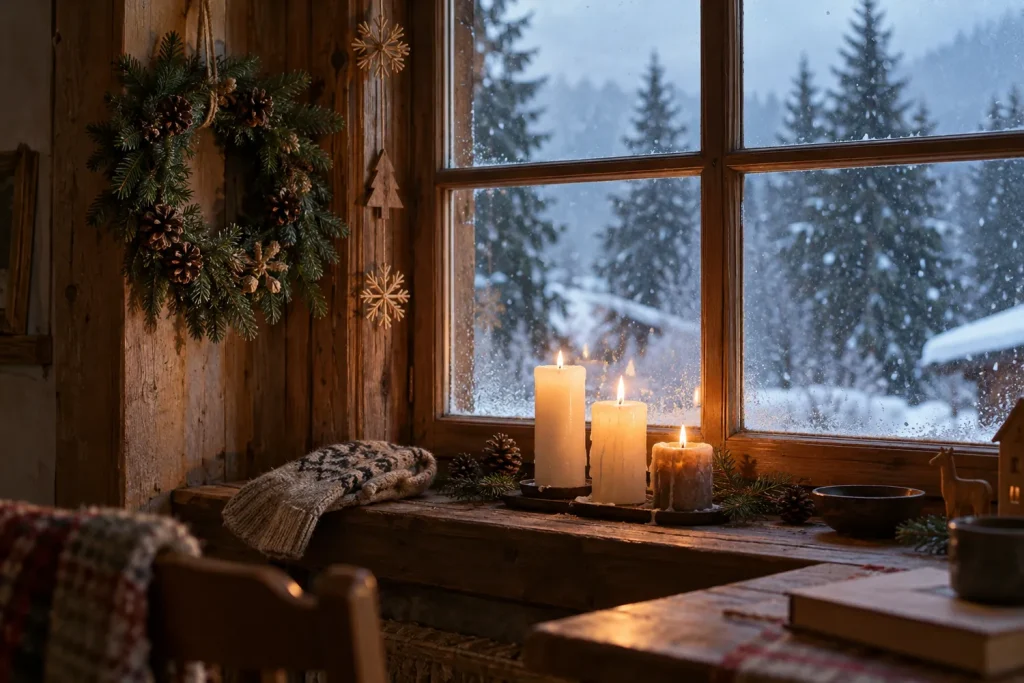 Fenêtre de chalet en décembre avec une couronne de branches, des bougies et des ornements en bois, neige dehors