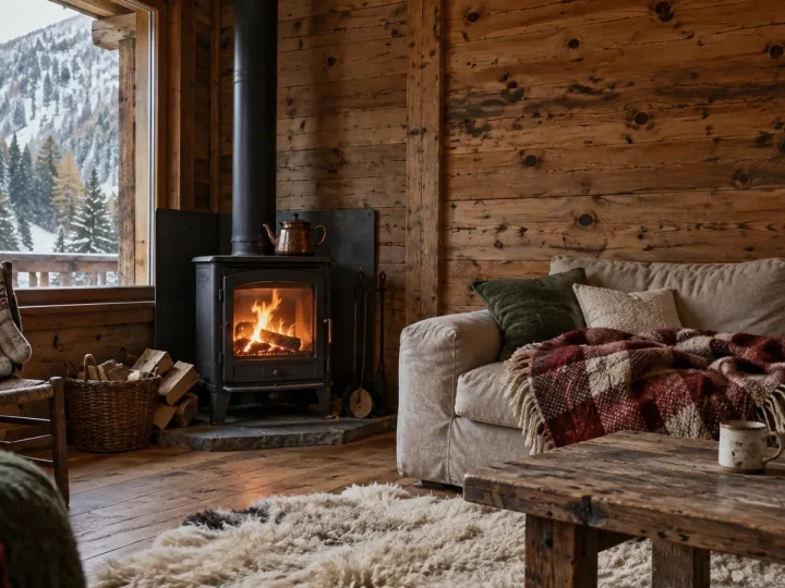 Salon de chalet avec un mur en vieux bois, un canapé couvert d'un plaid en laine et un poêle à bois allumé